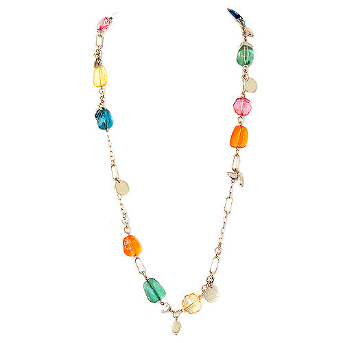 Multi Color Beads with Gold Coin Long Necklace 