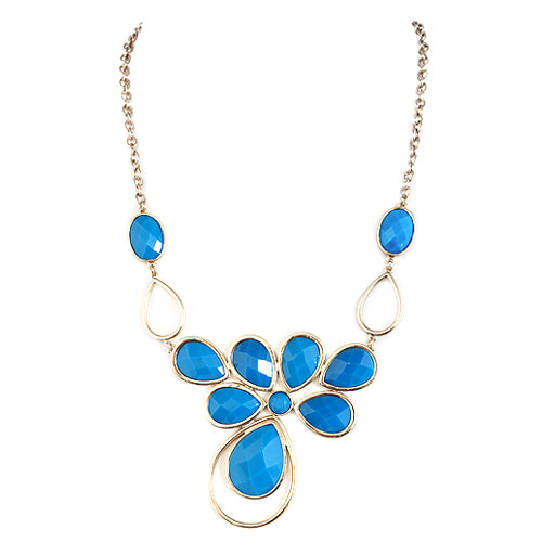 GOLD BLUE CUT GLASS CRYSTAL FLOWER NECKLACE