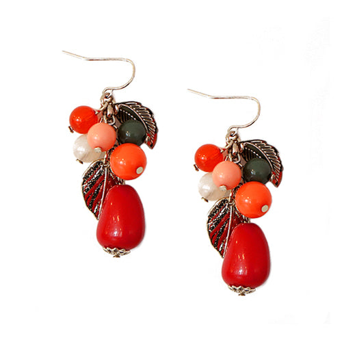 Coral Bead Mixed with Metal Leaf Gold Charm Earrings