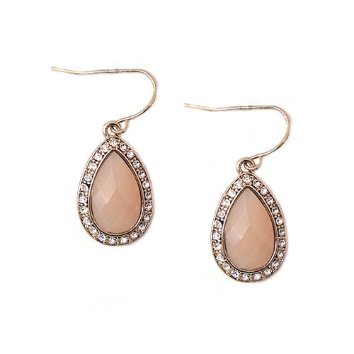 Pink Bead with Glass Crystal Gold Teardrop Earrings