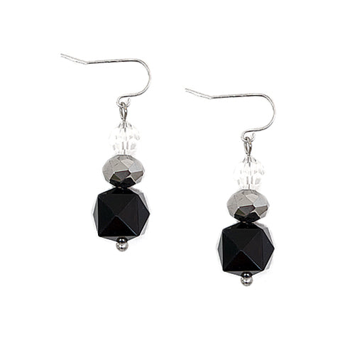 Black Silver and Clear Beaded Silver Dangle Earrings