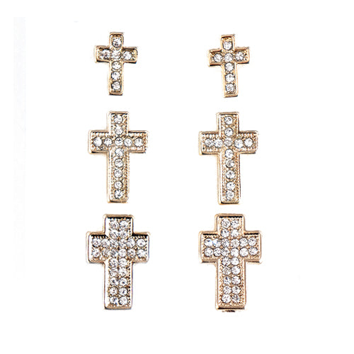 Rhinestone Gold Cross Stud Earrings Set of 3pairs