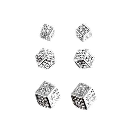 Rhinestone Silver Cube Stud Earrings Set of 3pairs
