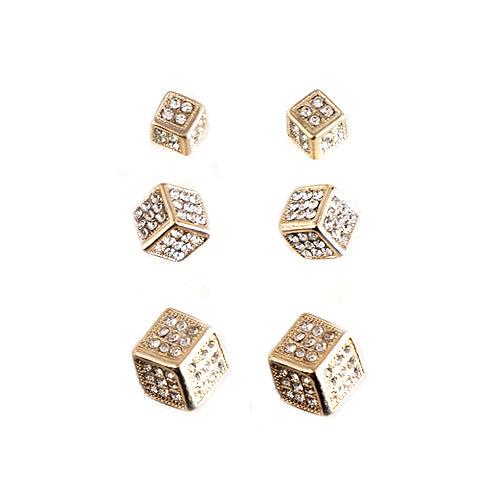 Rhinestone Gold Cube Stud Earrings Set of 3pairs