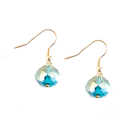 Blue Glass Crystal with Gold Dangle Earrings 