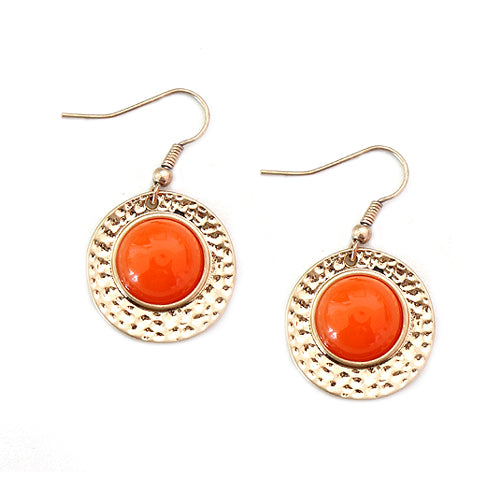 Coral Beads with Gold Round Hammered Earrings