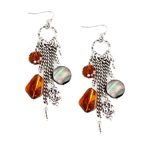 Brown Bead and Mother of Pearl Charm Silver Earrings