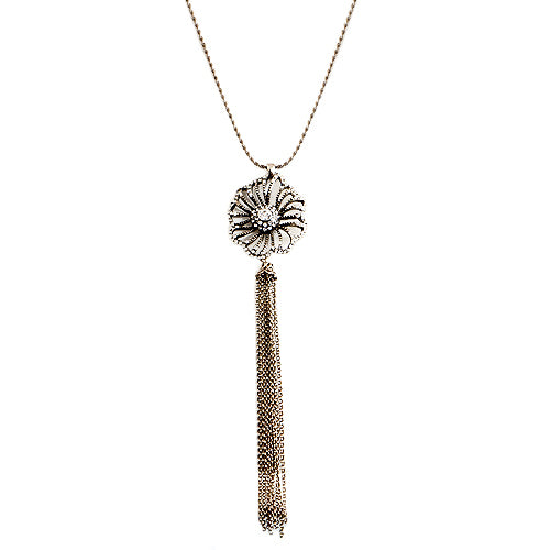 GOLD CRYSTAL GOLD FLOWER WITH RHINESTONE CHARM LONG NECKLACE