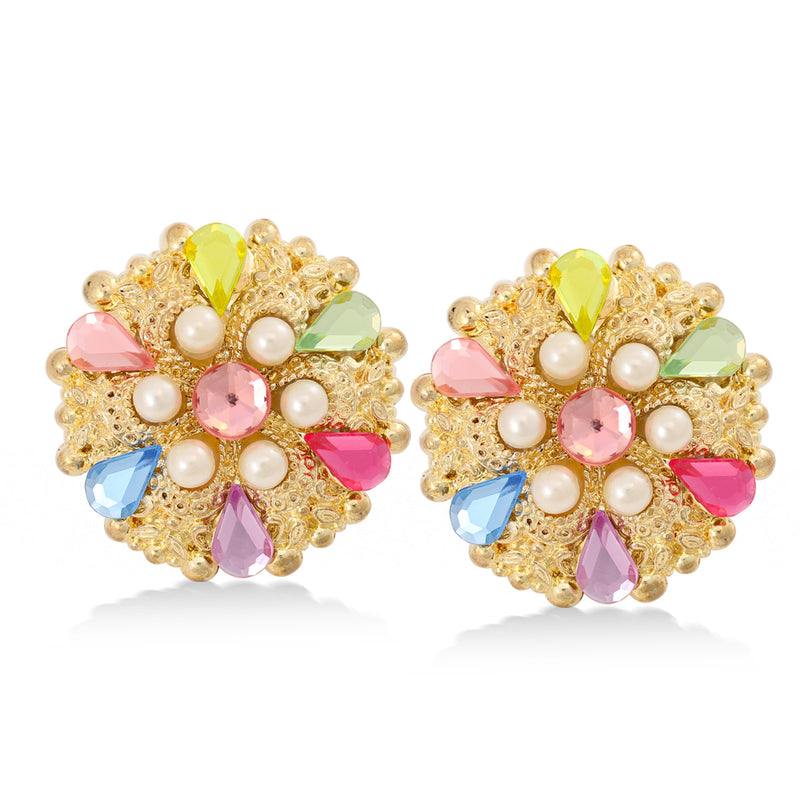 Gold-Tone Cream Pearl And Multi Color Plastic Clip On Earrings