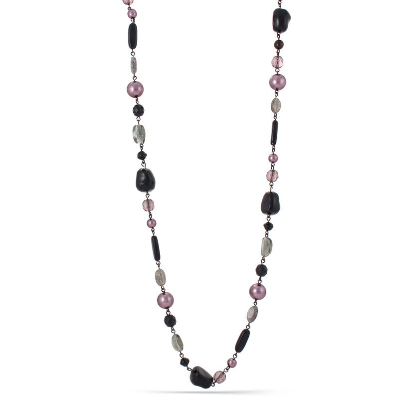 Tazza-Hematite Tone Metal Smokey Mixed Beads Necklace