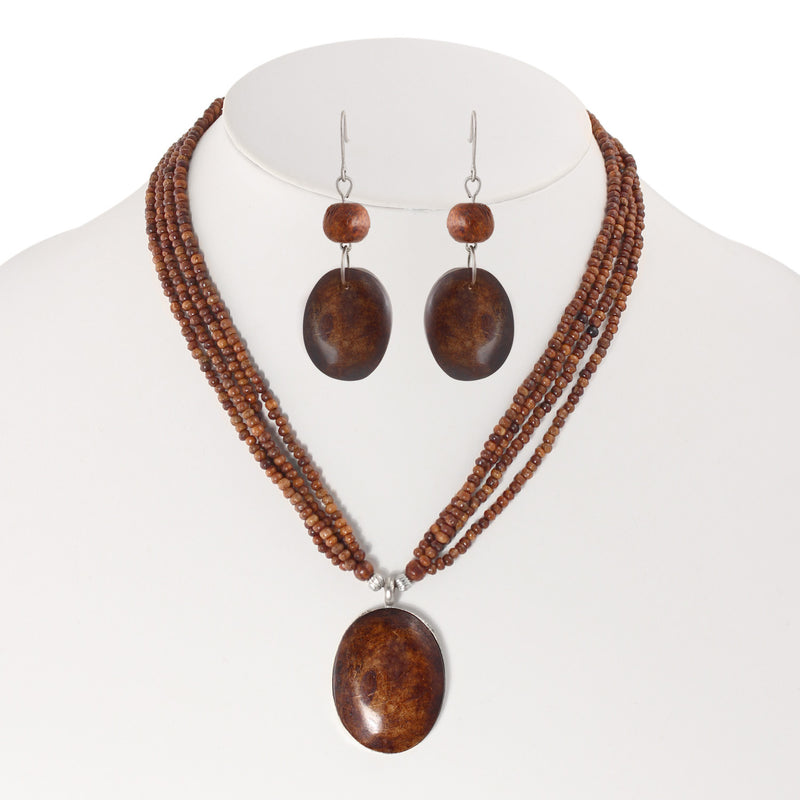 Brown Wood Multilayer Beads Adjustable Length Pendant Necklace And Earrings Set
