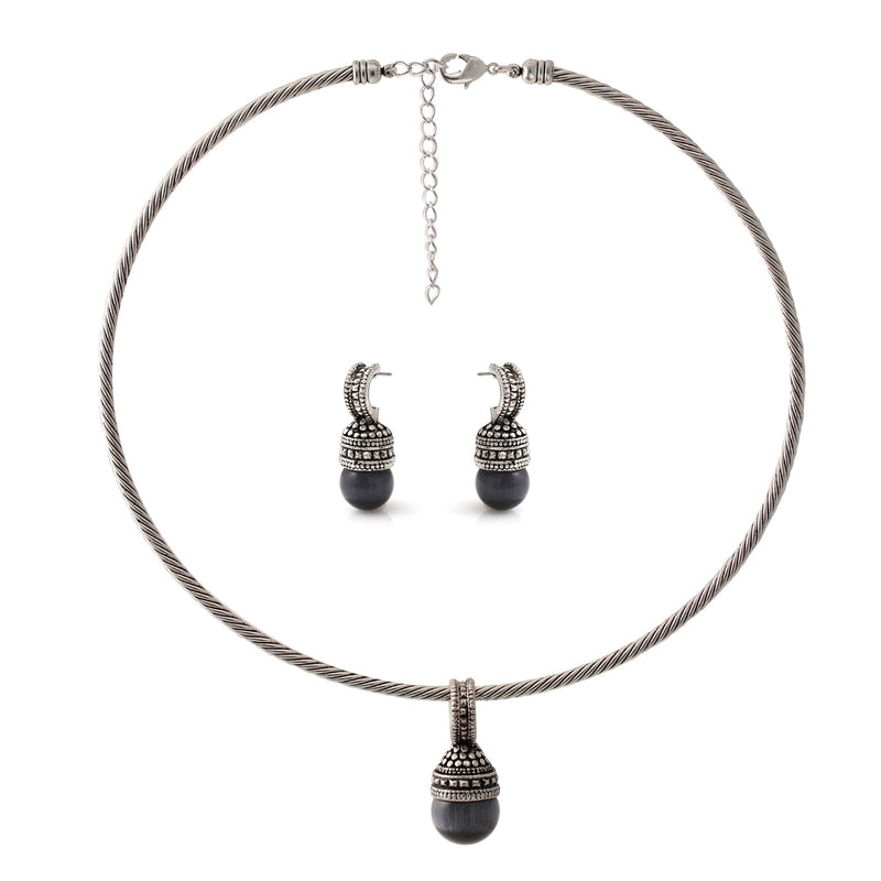 Silver Black Shade Cats Eye Pendant Adjustable Length Chain Choker Necklace And Earrings Set