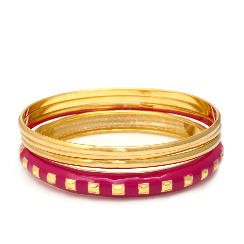 Gold And Fuchsia Enamel 4 Pcs Bracelet Set