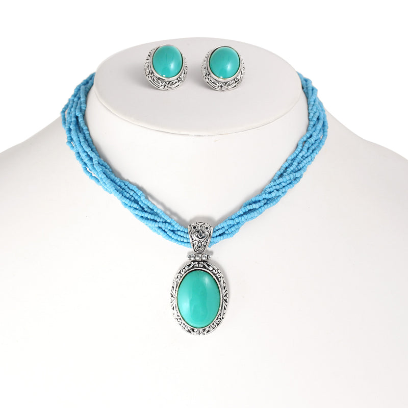 Silver Filigree Turquoise Oval Pendant  Multi Layer Turquoise Beads Adjustable Length Neckalce And Earrings Set