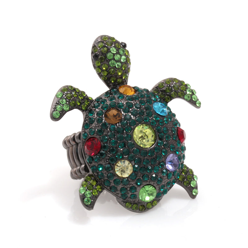 Hematite Multicolor Crystal Rhinestone Turtle Tortoise Stretch Ring