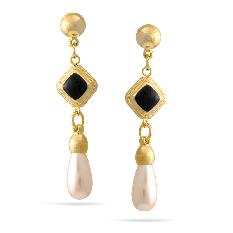 Gold Black Resin And Pearl Dangle Post Earrings