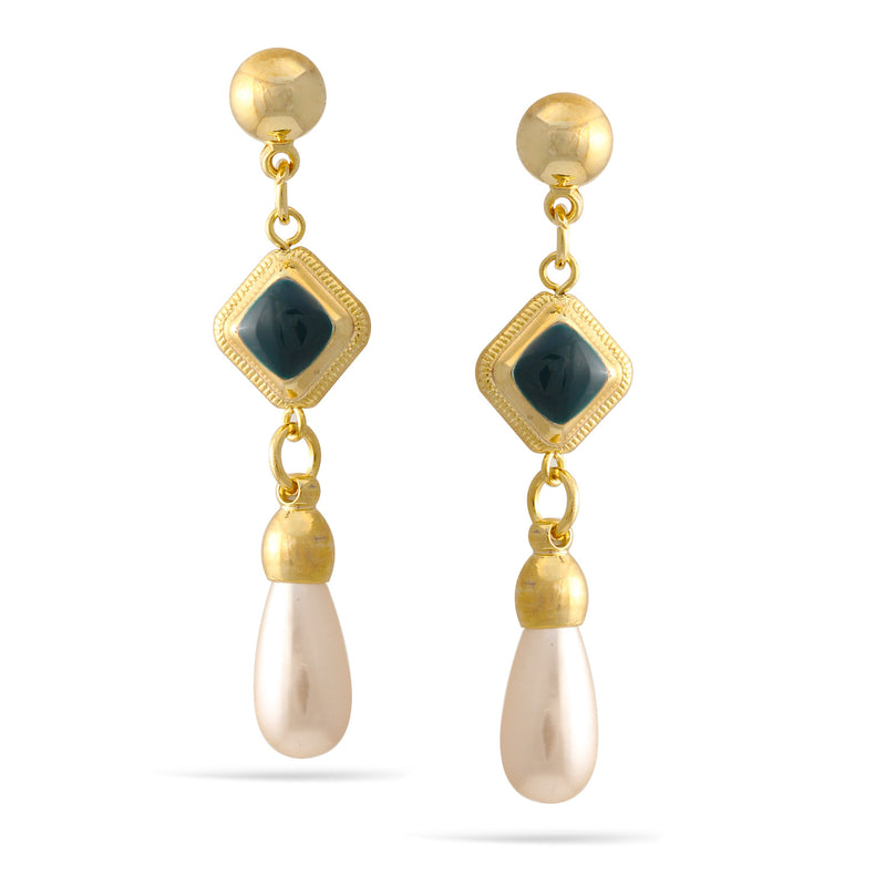 Gold Green Resin And Pearl Dangle Post Earrings