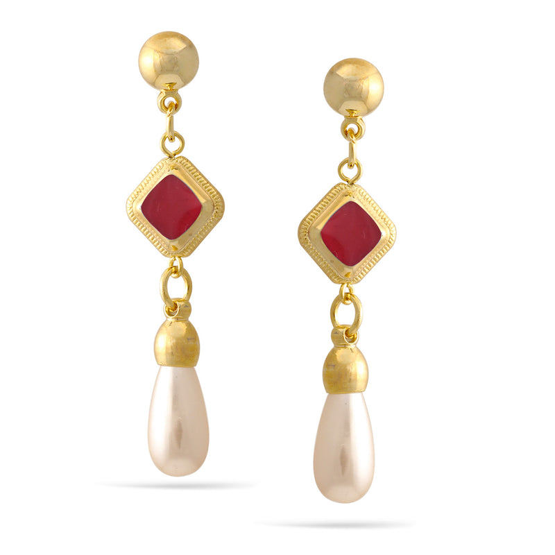 Gold Red Resin And Pearl Dangle Post Earrings