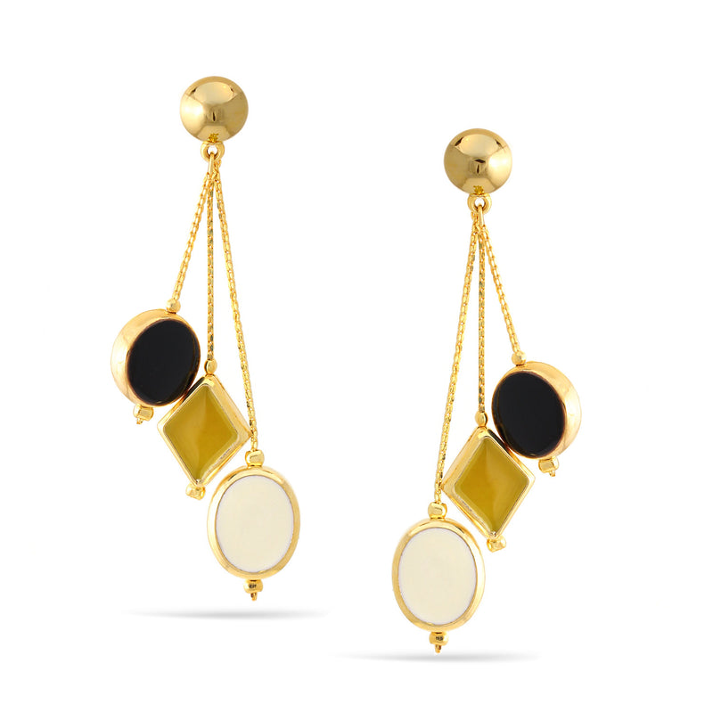 Gold Yellow Ivory And Black Resin Dangle Post Earrings
