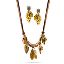 Gold Resin Charms And Brown Beads Adjustable Length Necklace And Earrings Set