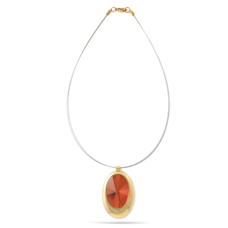 Gold Topaz/Orange Faceted Crystal Oval Pendant Cable Wire Chain Necklace