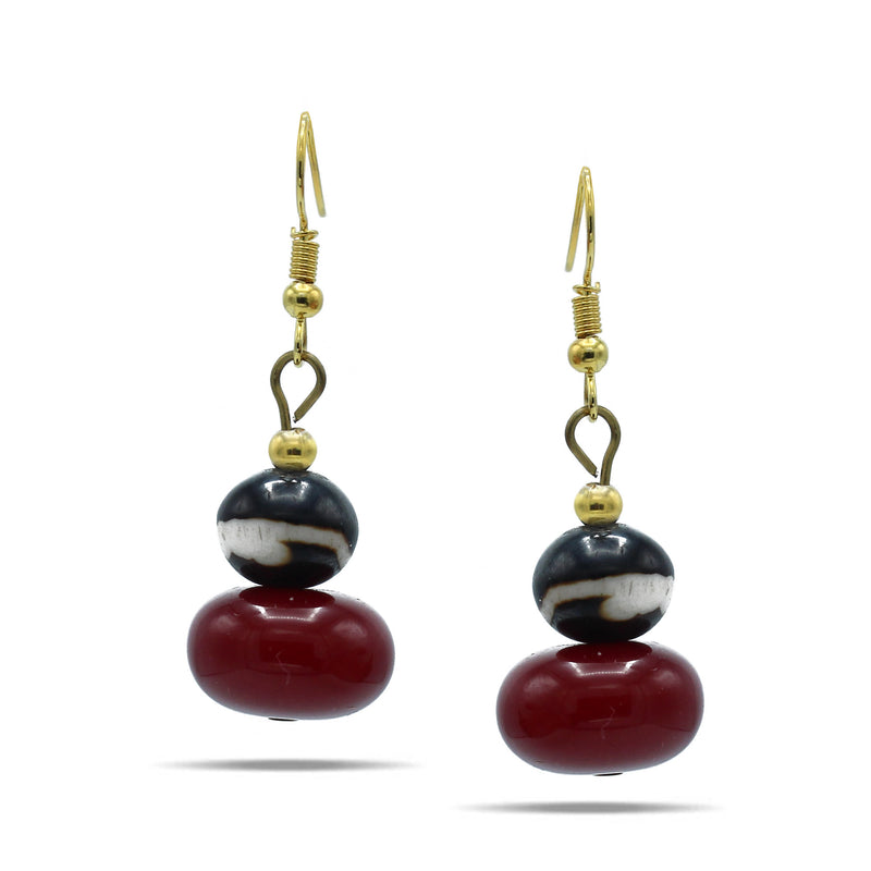 WINE RED AND BROWN BEADS GOLD EARRINGS