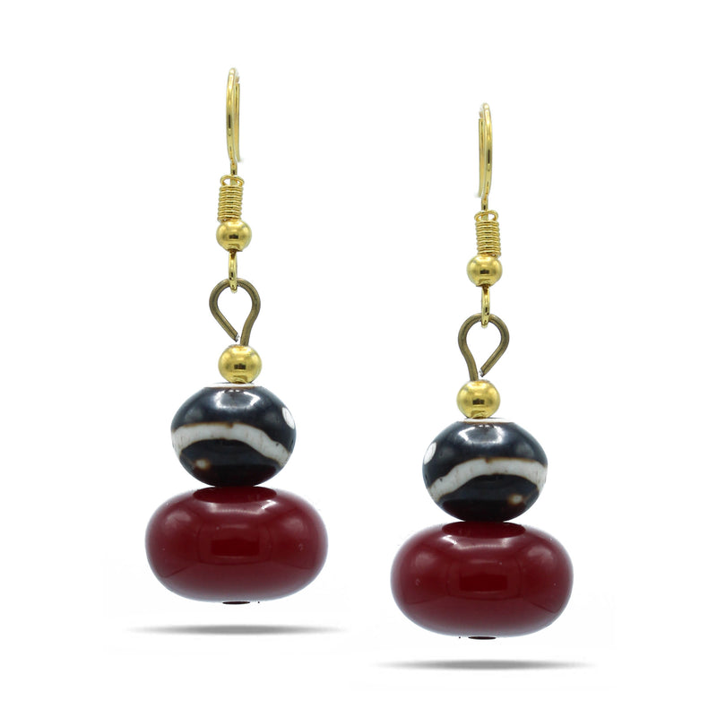 WINE RED AND BROWN BEADS GOLD EARRINGS