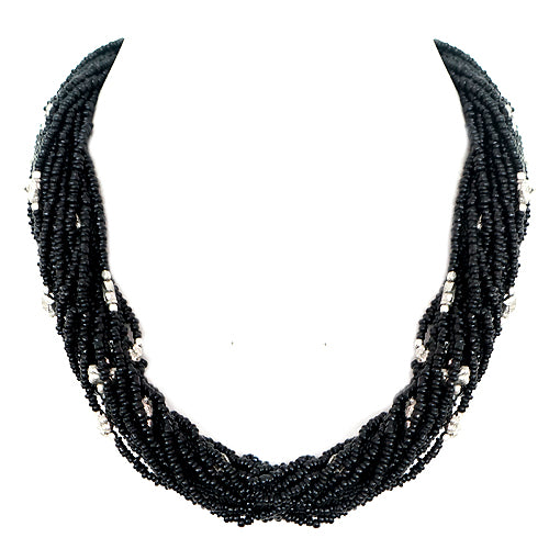 Black Seed Beaded with Silver Metal Bead Necklace