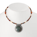 Olive Green Round Silver Pendant Multicolor Beads Choker Necklace