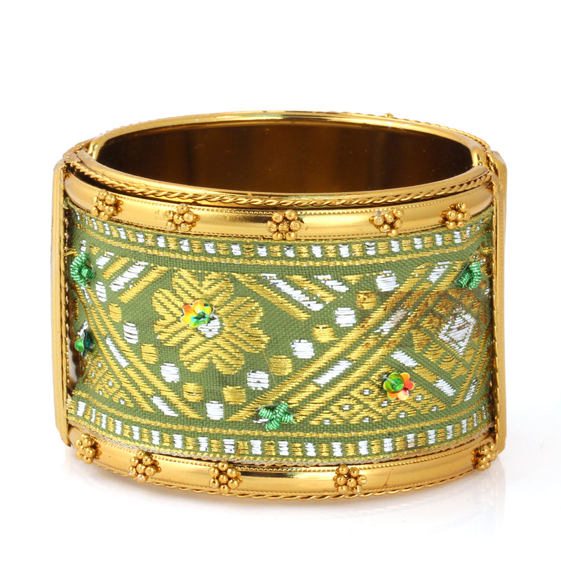 Gold Green Silk Indian Cuff Bracelet