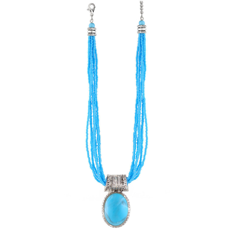 Silver-Tone Metal Turquoise Seed Beads Adjustable Lobster Claw Closure Pendant Necklaces 