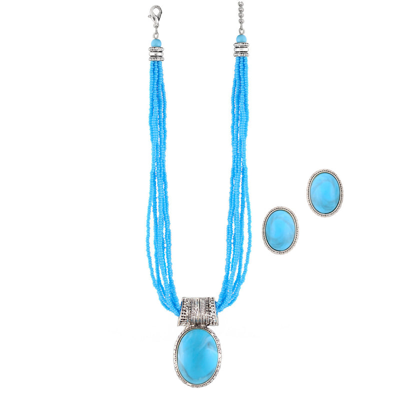 Silver-Tone Metal Turquoise Earrings And Seed Beads Adjustable Lobster Claw Closure Pendant Necklaces 