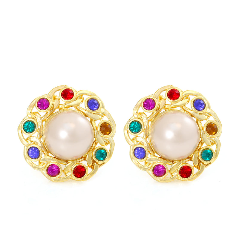 Gold-Tone Metal Cream Pearl And Multi Color Clip On Earrings
