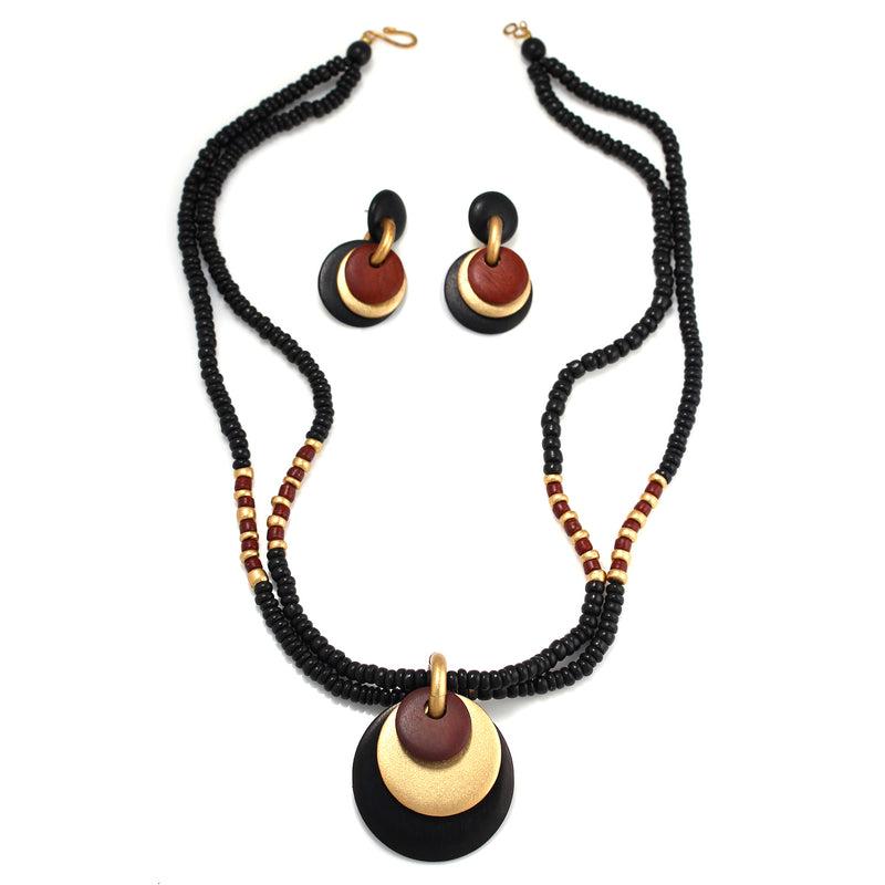 Gold Brown And Black Wood Circle Pendant Wood Bead Necklace And Earrings Set