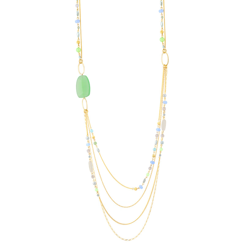 Gold-Tone Metal Green And Blue Beads Layered Lobster Claw Closure Necklaces