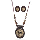 Gold-Tone Metal Filigree Wood Earrings And Adjustable Lobster Clasp Cord Necklaces