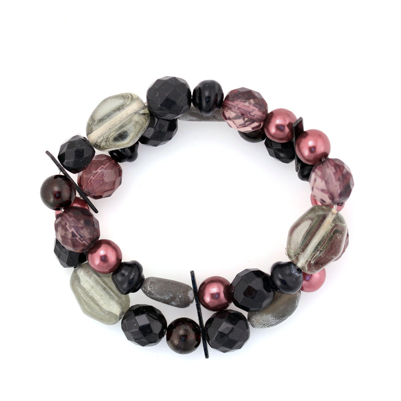 Tazza-Hematite Tone Metal Smokey Mixed Beads Stretch Bracelets