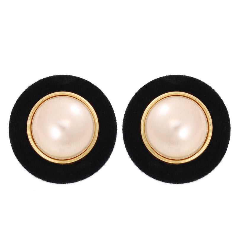 Gold-Tone Pearl And Black Velvat Plastic Clip On Earrings