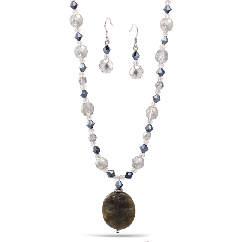 Grey Natural Agate Pendant Adjustable Length Chain Necklace And Crystal Earrings Set