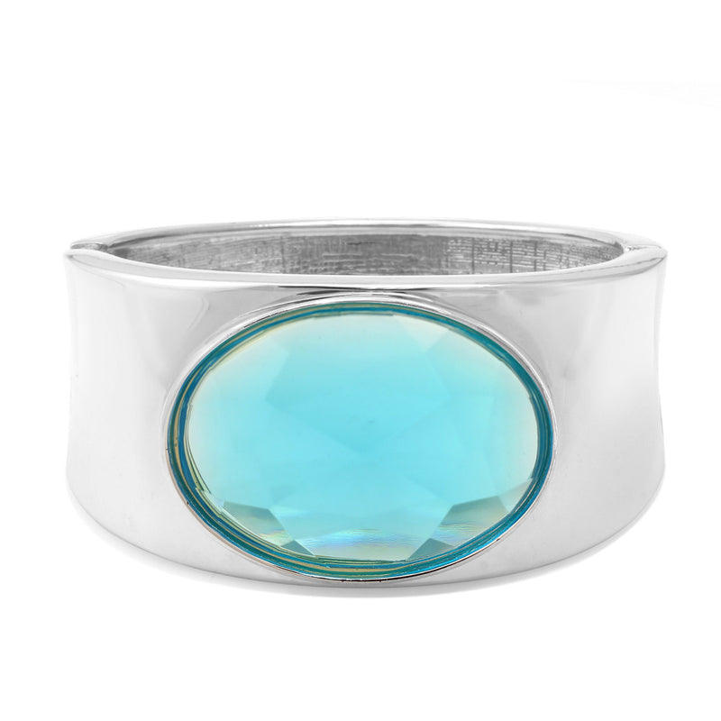 Silver Oval Aqua Blue Faceted Crystal  Hinged Bracelet