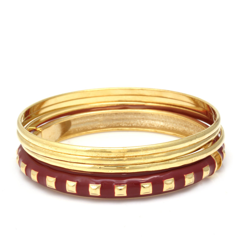 Gold And Burgundy Enamel 4 Pcs Bracelet Set