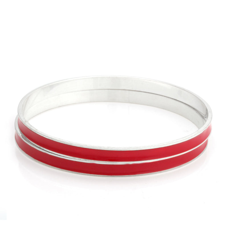 Silver-Tone Metal Red Enamel 2 Pcs Bangle Set