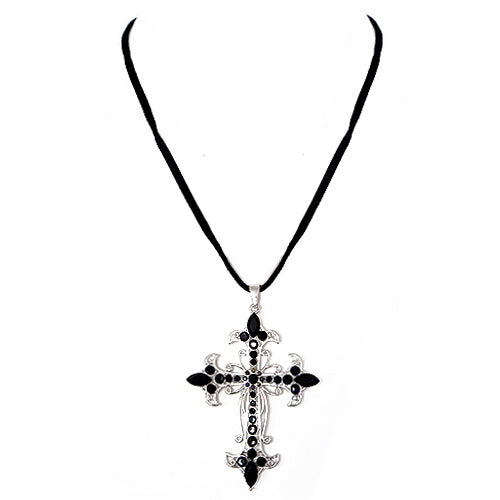 Jet Glass Crstal Silver Cross Pendant with Black Suede Necklace