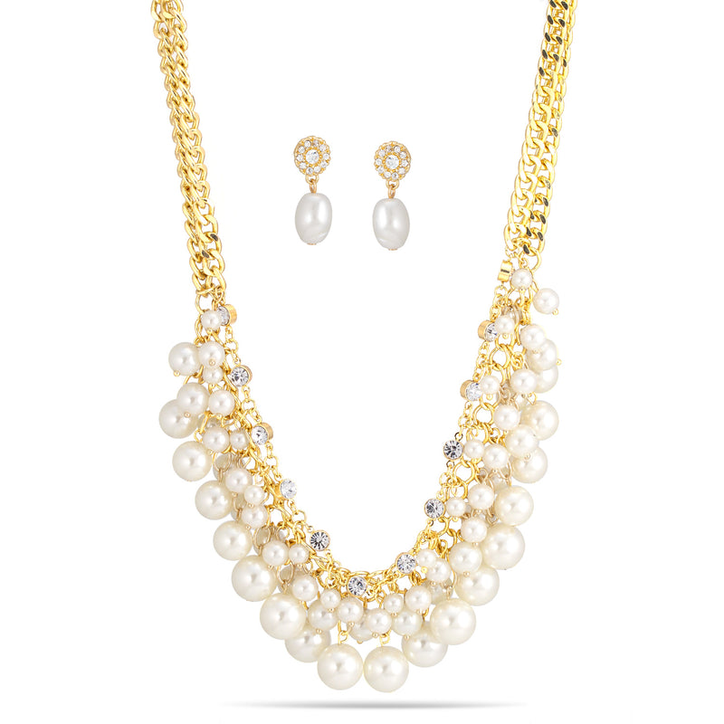 GOLD CREAM PEARL AND CRYSTAL NECKLACE AND EARRINGS SET