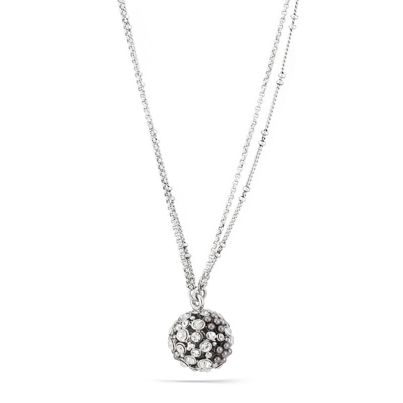 Silver-Tone Metal Pearl And Crystal Pave Ball 2 Layered Chain Necklace