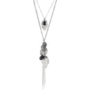 Rhodium-Tone Metal Leaf And Balck Stone 2 Layered Tassel Necklace