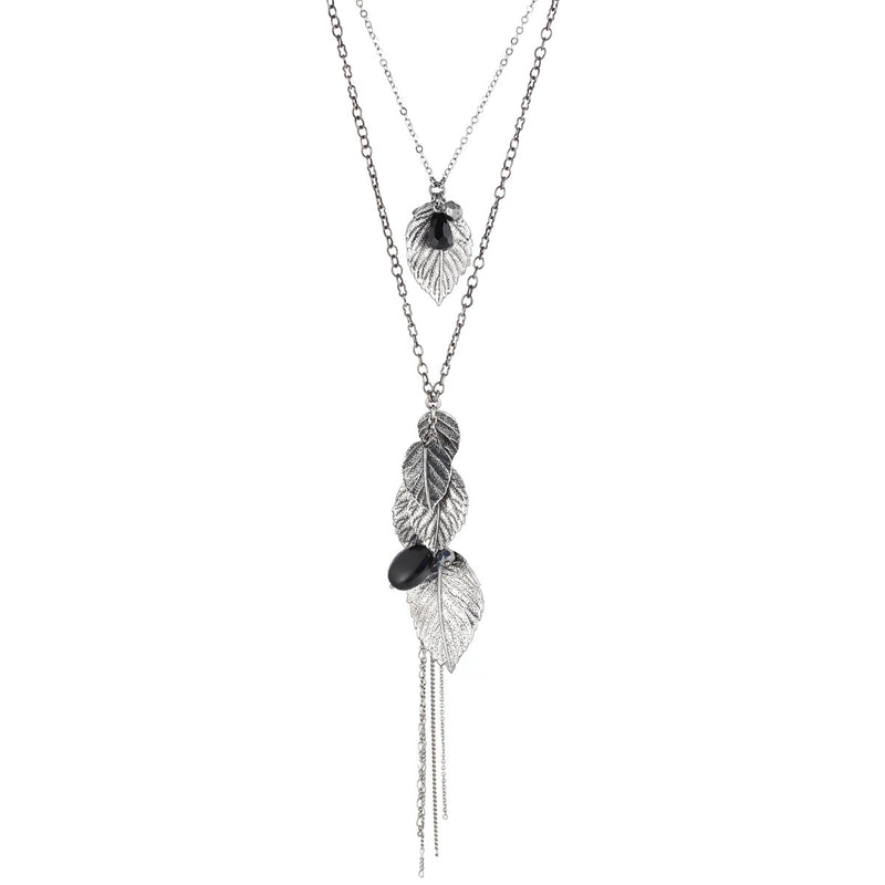 Rhodium-Tone Metal Leaf And Balck Stone 2 Layered Tassel Necklace