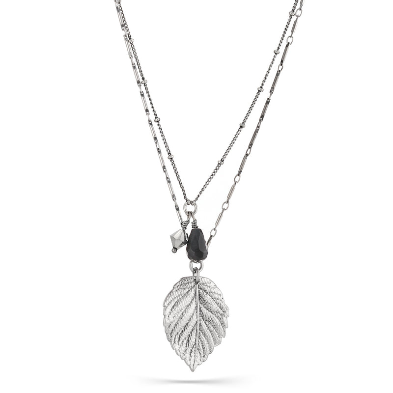 Rhodium-Tone Metal Leaf And Black Stone2 Layered Necklace