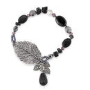 Antique Silver-Tone Metal Leaf Black Stone Stretch Bracelets