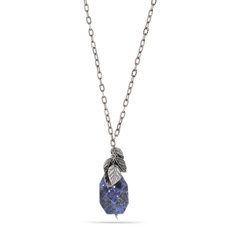 Antique Silver Tone Metal Blue Faceted Stone Pendant Necklace